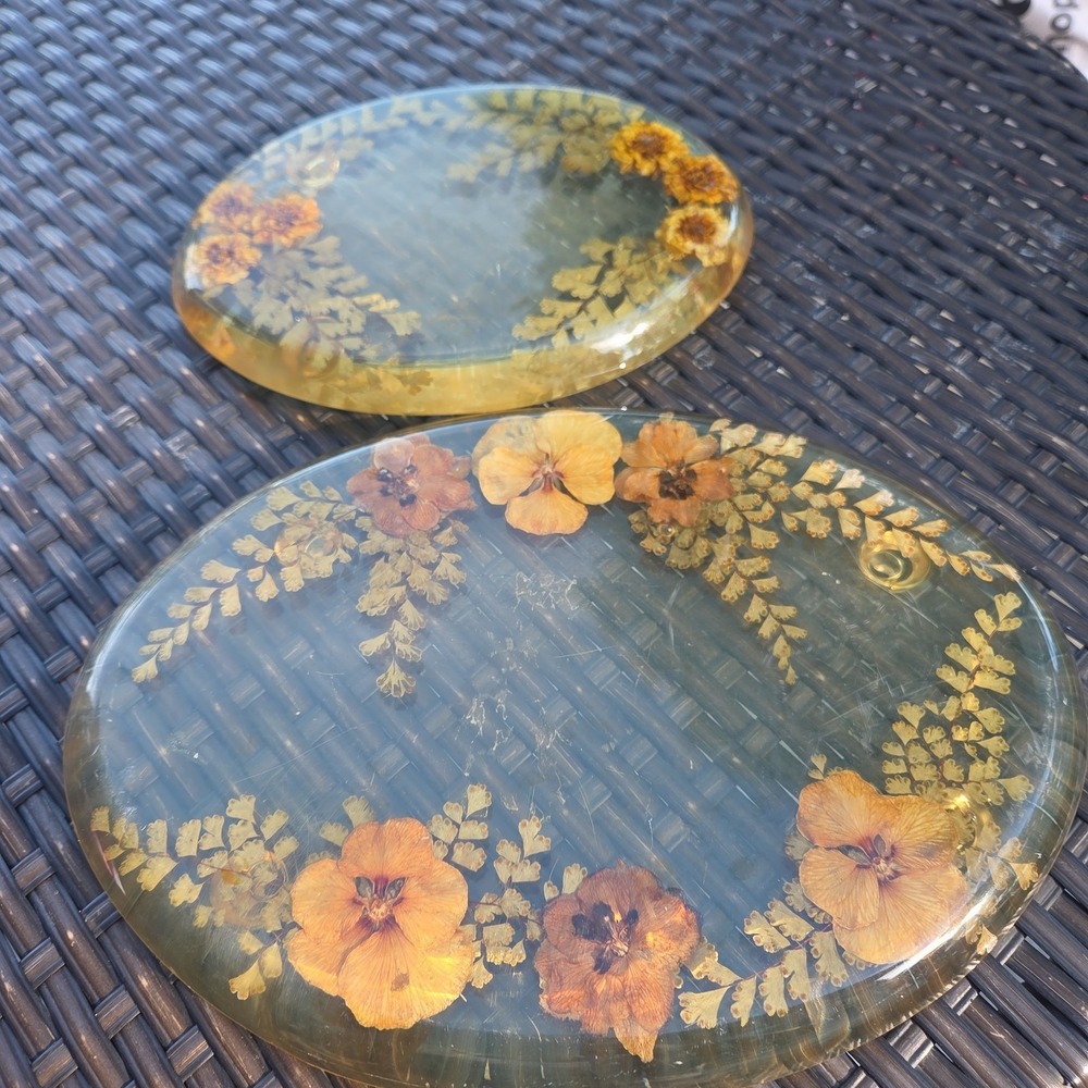2 Capricia Creations Resin Dried Flower Trivets Retro Round & Square Footed